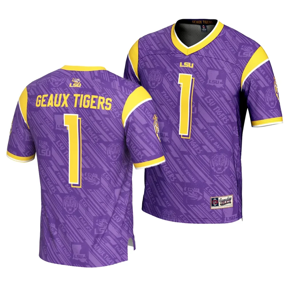 Men's LSU Tigers #1 Purple Highlight Print Fashion NCAA Football Jersey